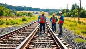 Railroad Maintenance crew performing inspections and repairs on tracks in a vibrant countryside.