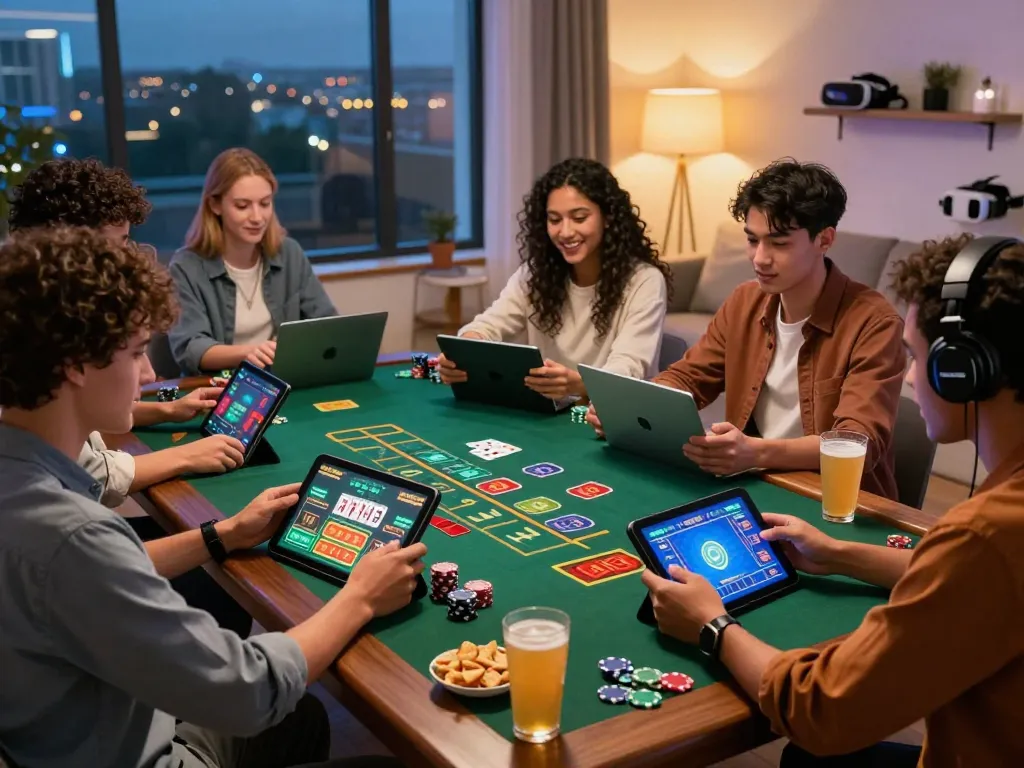 Friends enjoying a baccarat game on tablets, showcasing the excitement of 바카라사이트 in a cozy home setting with city lights.