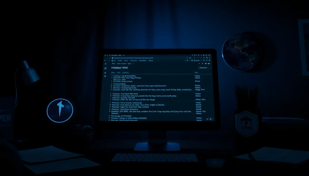 The hidden wiki 1 interface displayed on a computer screen in a dimly lit setting, emphasizing dark web exploration.