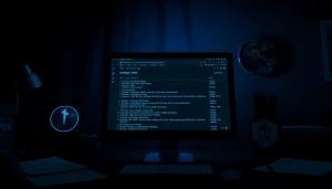 The hidden wiki 1 interface displayed on a computer screen in a dimly lit setting, emphasizing dark web exploration.