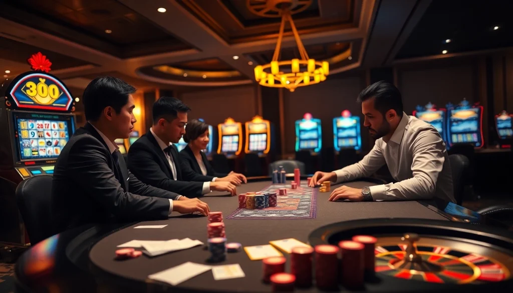 High-stakes players enjoying the MV88 game at a luxurious casino table.