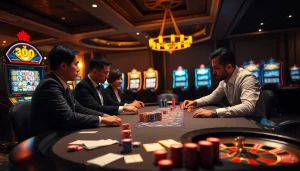 High-stakes players enjoying the MV88 game at a luxurious casino table.