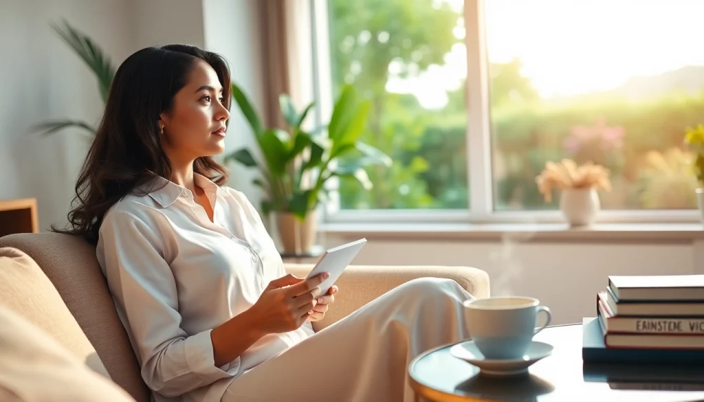 Woman contemplating Life in a Break Down in a cozy setting with a notepad.