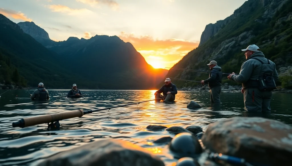 Anglers casting the best fly fishing rods while enjoying a relaxing sunset at a tranquil mountain lake.