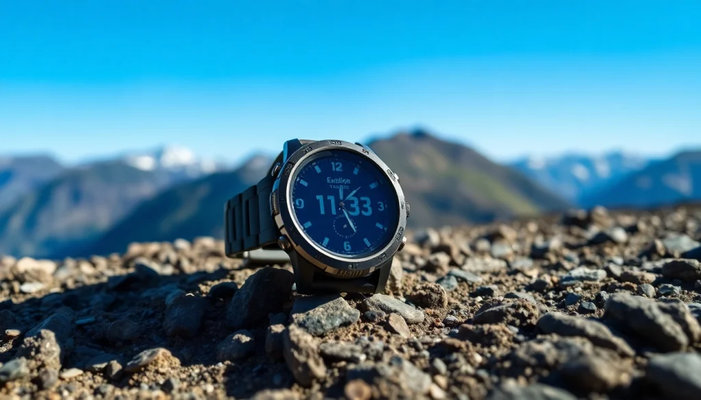 Showcasing the Explorer GPS Smart Watch on rugged terrain with a mountain backdrop.