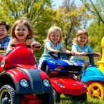 Children riding on colorful ride on toys in a sunny park, filled with joy and energy.