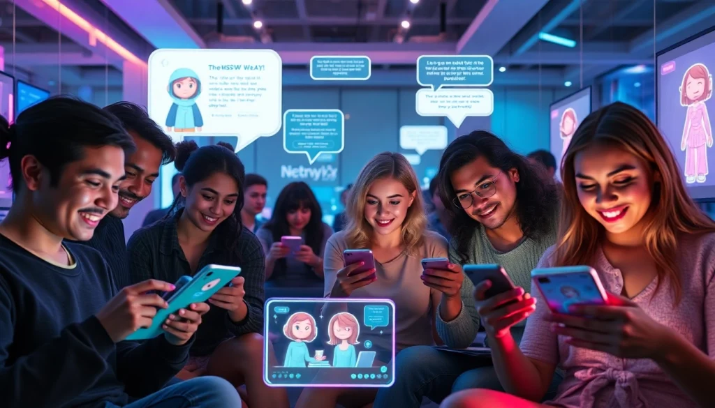 Engaged users exploring NSFW AI platforms with diverse characters and vibrant digital interfaces.