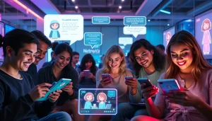 Engaged users exploring NSFW AI platforms with diverse characters and vibrant digital interfaces.