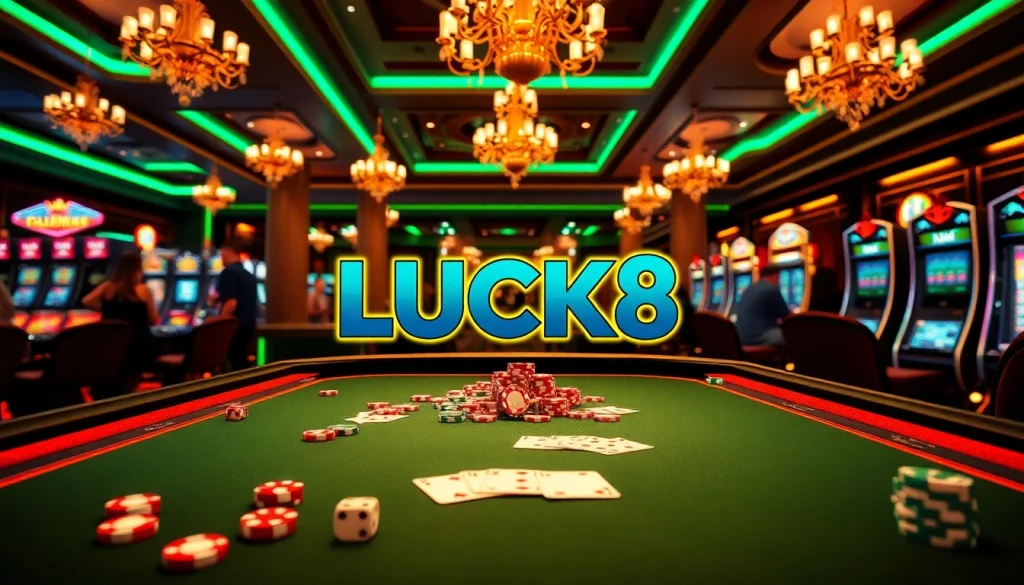 Experience the thrill of LUCK8 casino with vibrant gambling elements on a luxury gaming table.