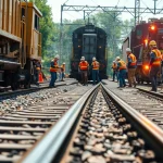 Emergency Railroad Repair Services: Skilled crew repairing railroad tracks illustrating urgency and expertise.
