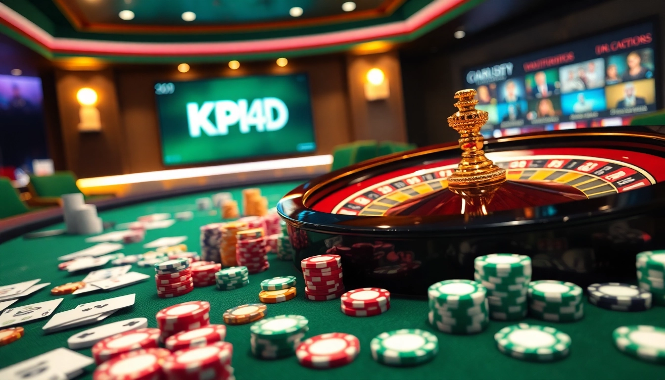 KPI4D casino scene with a poker table, chips, and roulette wheel, showcasing luxurious gambling experience.
