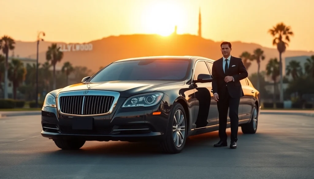 LA Limo service with a luxurious black limousine in front of the Los Angeles skyline.