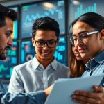 Analyze AI for competitive intelligence in a modern office setting with advanced data visualization.