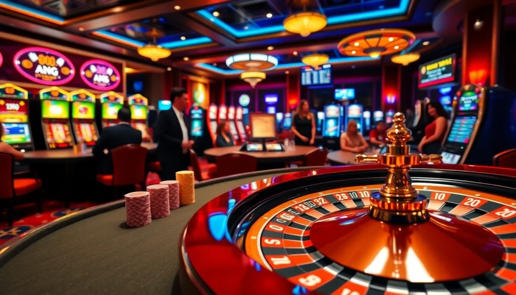 Players enjoy poker and slot games at a luxurious casino featuring digital bets from https://jun88site.com/.