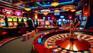 Players enjoy poker and slot games at a luxurious casino featuring digital bets from https://jun88site.com/.