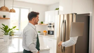 Fridge repair near me by a technician in a modern kitchen focused on diagnosing issues.