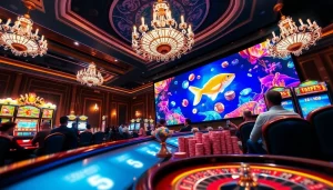 Bắn cá đổi thưởng game captivating vibrant colors and energetic players in a luxurious casino setting.