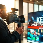 Engaging journalist reporting Kenya News Today from a busy newsroom.