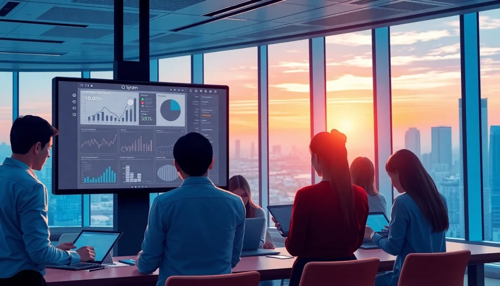 Engaged professionals collaborating on the OZKA System in a modern office.