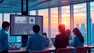 Engaged professionals collaborating on the OZKA System in a modern office.