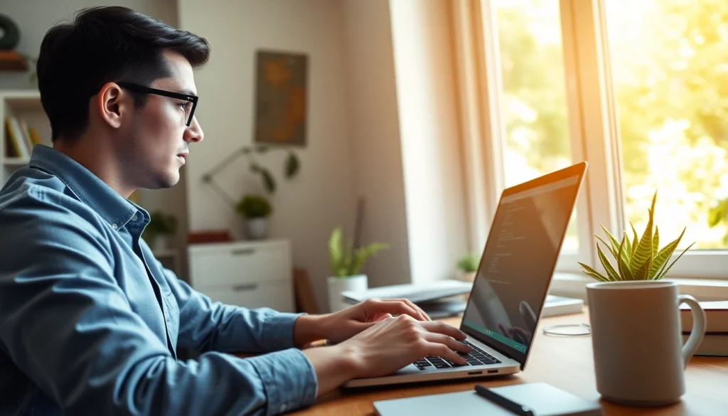 Engaged programmer working on remote python jobs in a bright home office, showcasing productivity.
