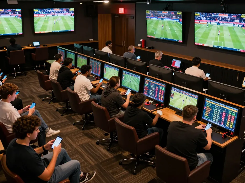 Soi Kèo sports betting enthusiasts engaging in live betting with multiple screens displaying odds for major games