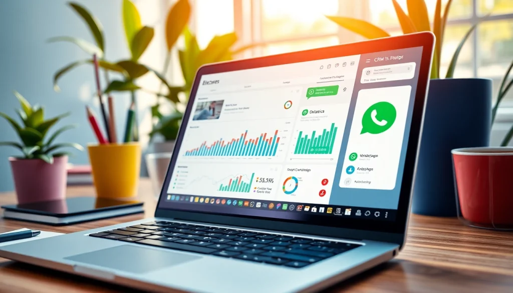 What is a CRM for WhatsApp displayed on a sleek laptop in a vibrant workspace.