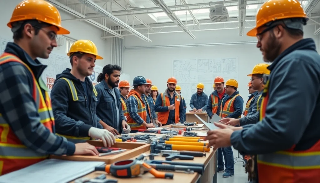 Engaged trainees in a construction workforce training session at a modern facility.