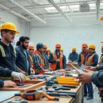 Engaged trainees in a construction workforce training session at a modern facility.