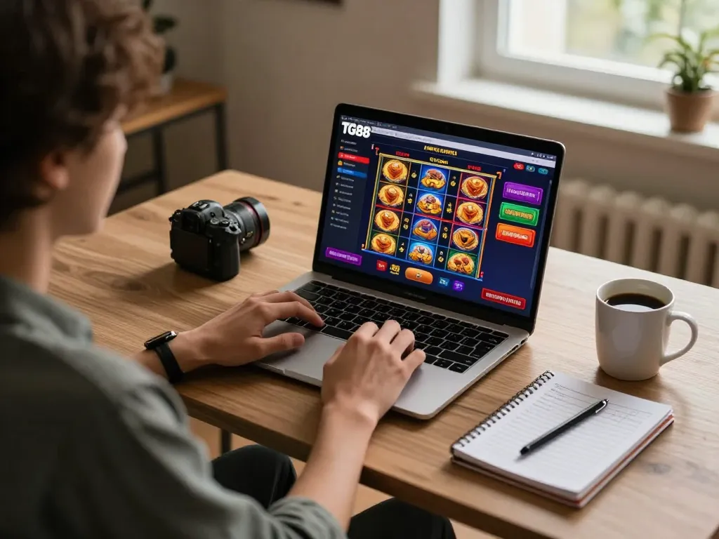 Engaging in online casino gaming at TG88 with laptop and betting strategies in a cozy home setting.