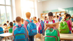 明るい教室でカラフルで人間工学に基づくランドセルを楽しそうに使用している生徒の様子 - キッズアミ ランドセル 口コミ