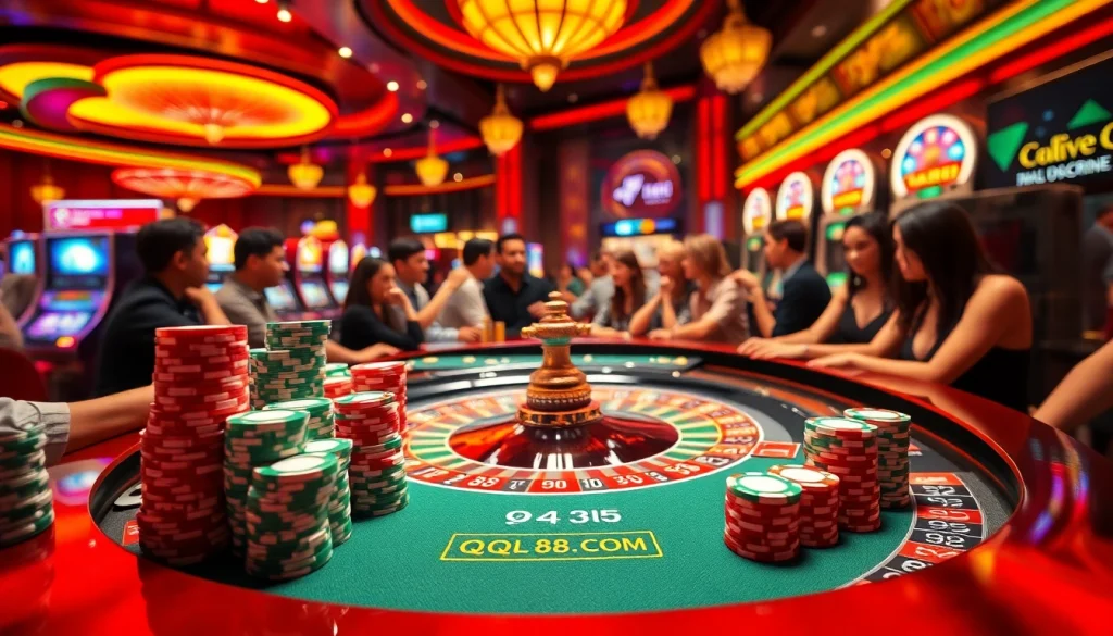 Players engaging at a roulette table in an exciting QQ88 COM casino scene with vibrant lights.