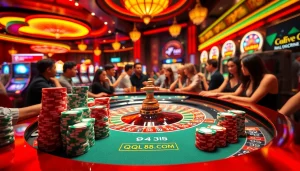 Players engaging at a roulette table in an exciting QQ88 COM casino scene with vibrant lights.