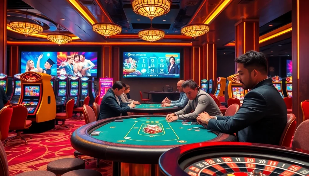 Exciting casino action at nhà cái thabet, featuring poker tables and vibrant slot machines.