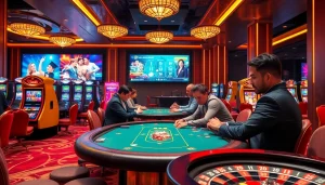 Exciting casino action at nhà cái thabet, featuring poker tables and vibrant slot machines.