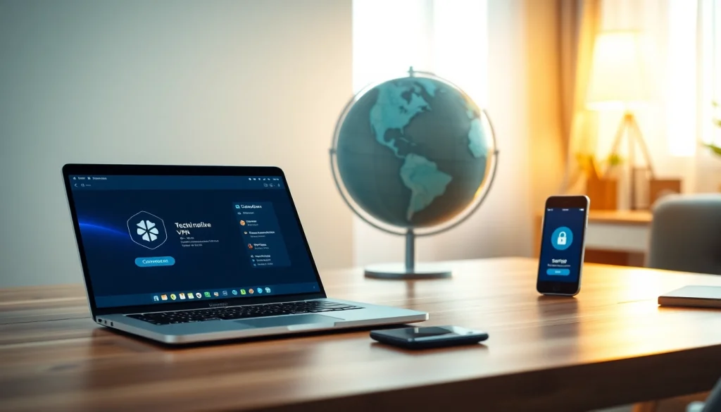 在安静的家庭办公室中，现代笔记本上显示的快连 VPN 界面，象征安全与连接。