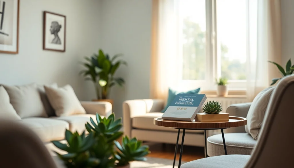 Mental health awareness depicted in a calming therapist's office setting with inviting decor.