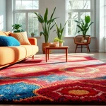 Bright, cozy living room showcasing colorful washable rugs on the floor.