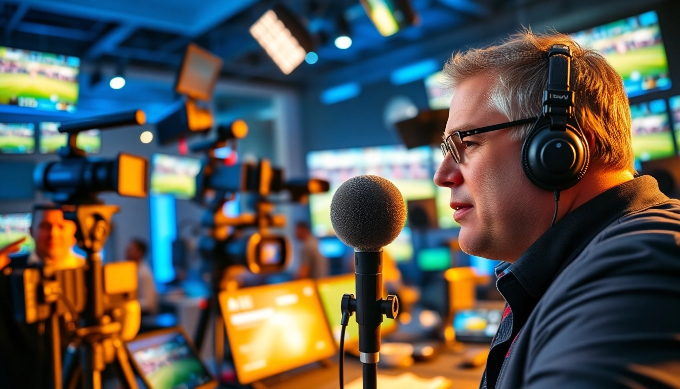 Engaging sports broadcasting setup with announcer and dynamic sports footage on screens.