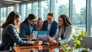 На https://www.lunaro.bg участниците в бизнес среща обменят идеи и данни в съвременен офис.