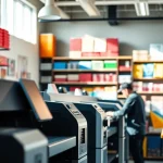 Budget printing Edmonton AB services with vibrant prints and a bustling workspace.