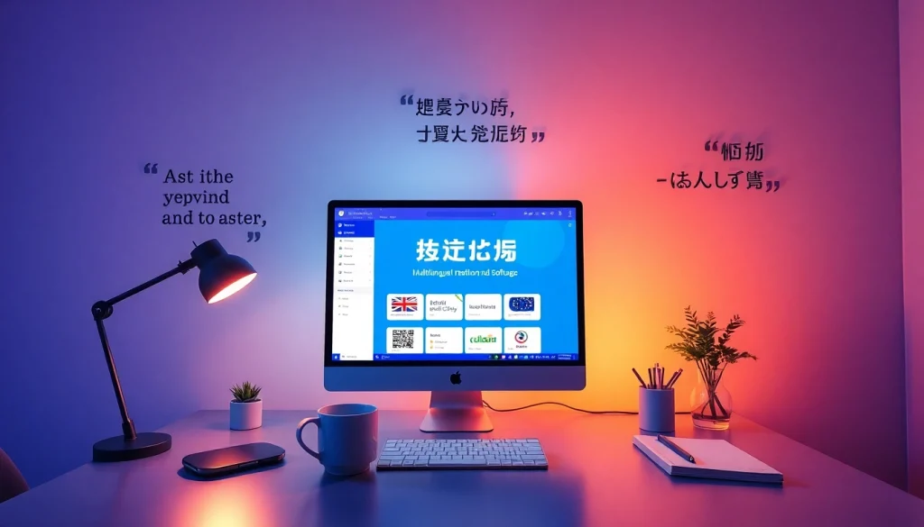A modern workspace featuring the 有道翻译 application on a sleek computer screen.