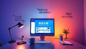 A modern workspace featuring the 有道翻译 application on a sleek computer screen.