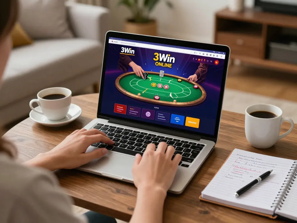 Person engaging with 3Win online casino on laptop, showcasing interactive gaming experience and strategy notes