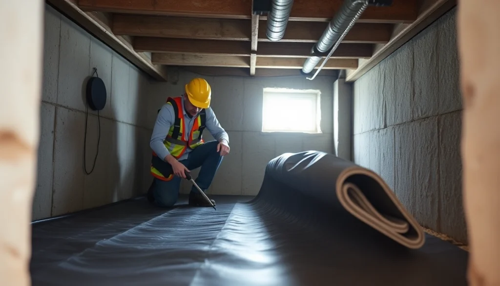 Contractor engaged in Vapor Barrier Installation showcasing essential procedures in a crawl space.