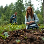 Scientists from CYB Environmental conducting field research in a lush forest, emphasizing ecological study.