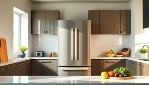 Showcasing a modern Refrigerator in an inviting kitchen with vibrant fruits and natural light.