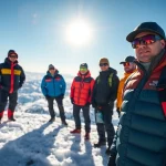 Showcasing insulated outerwear worn by outdoor enthusiasts on a snowy mountain, highlighting styles.
