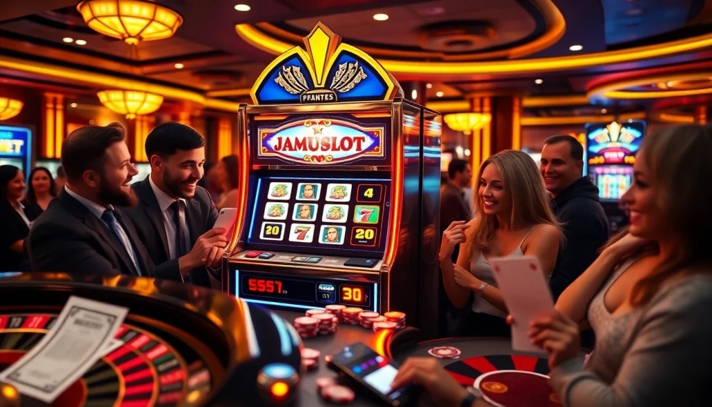 Experience thrilling gaming excitement at JAMUSLOT with vibrant slot machines and poker chips.