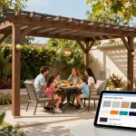 Happy family enjoying time under a custom pergola, using configuratore pergola online to design their dream outdoor space.